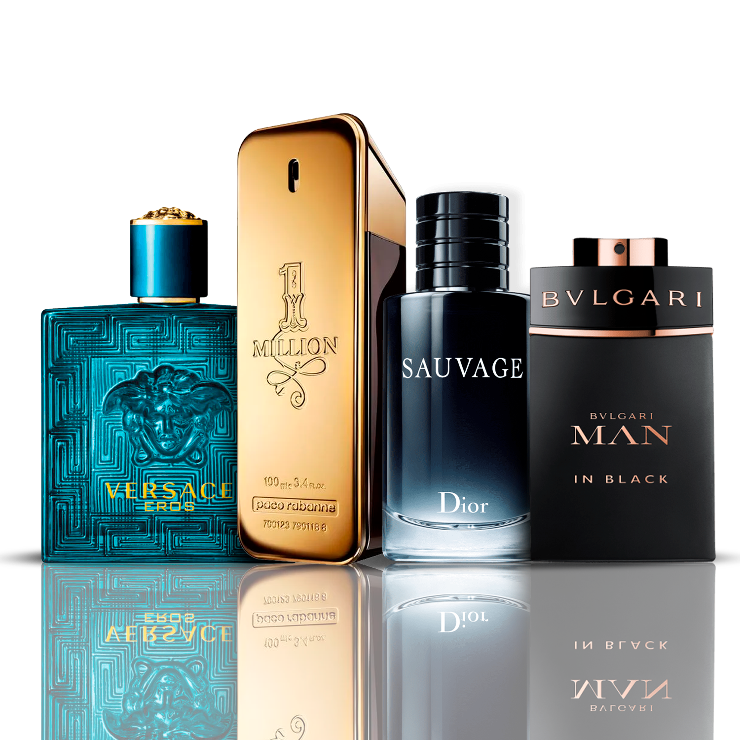 Set de 4 perfumes | Eros Versace + One Million Paco Rabanne + Bvlgari Man in Black + Sauvage Dior (100 ml)