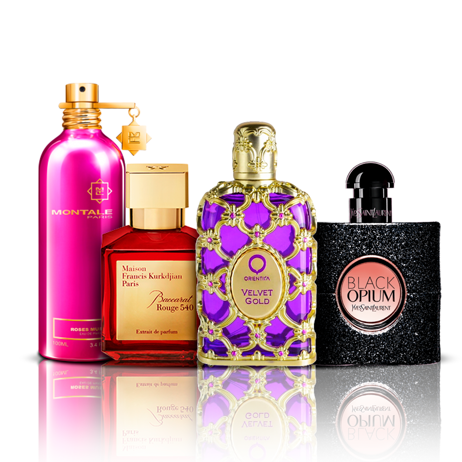 Set de 4 perfumes | Orientica Velvet Gold + Baccarat Rouge + Black Opium + Montale Roses Musk (100 ml)