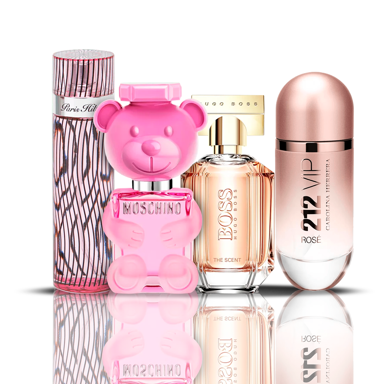 Set de 4 perfumes | 212 VIP Rosé + Moschino Bubble Gum + Hugo Boss The Scent + Paris Hilton (100 ml)