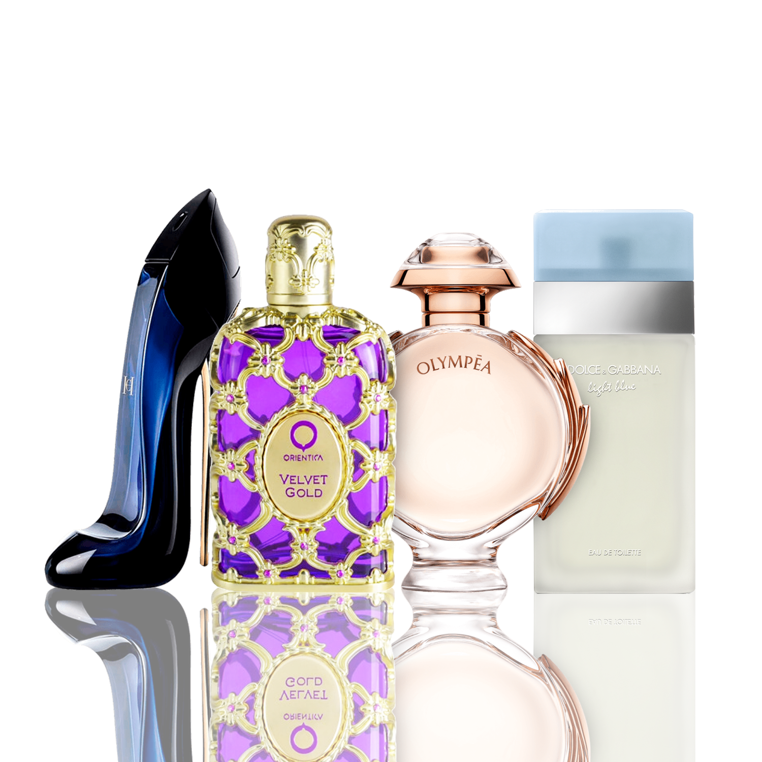 Set de 4 perfumes | Light Blue + Orientica Velvet Gold + Good Girl + Olympea (100 ml)