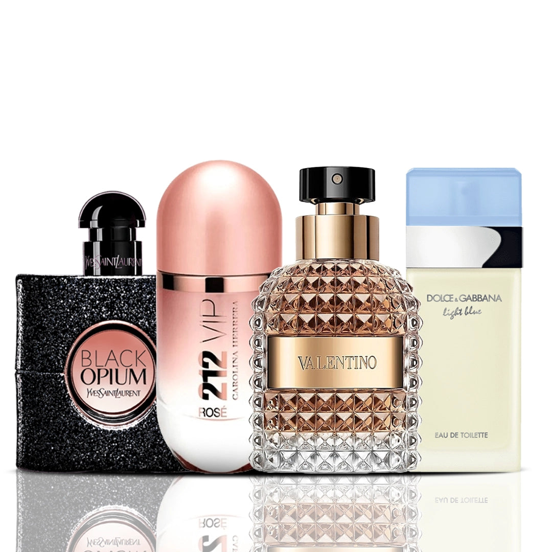 Set de 4 perfumes | Black Opium + 212 VIP Rosé + Valentino + Dolce & Gabbana Light Blue (100 ml)